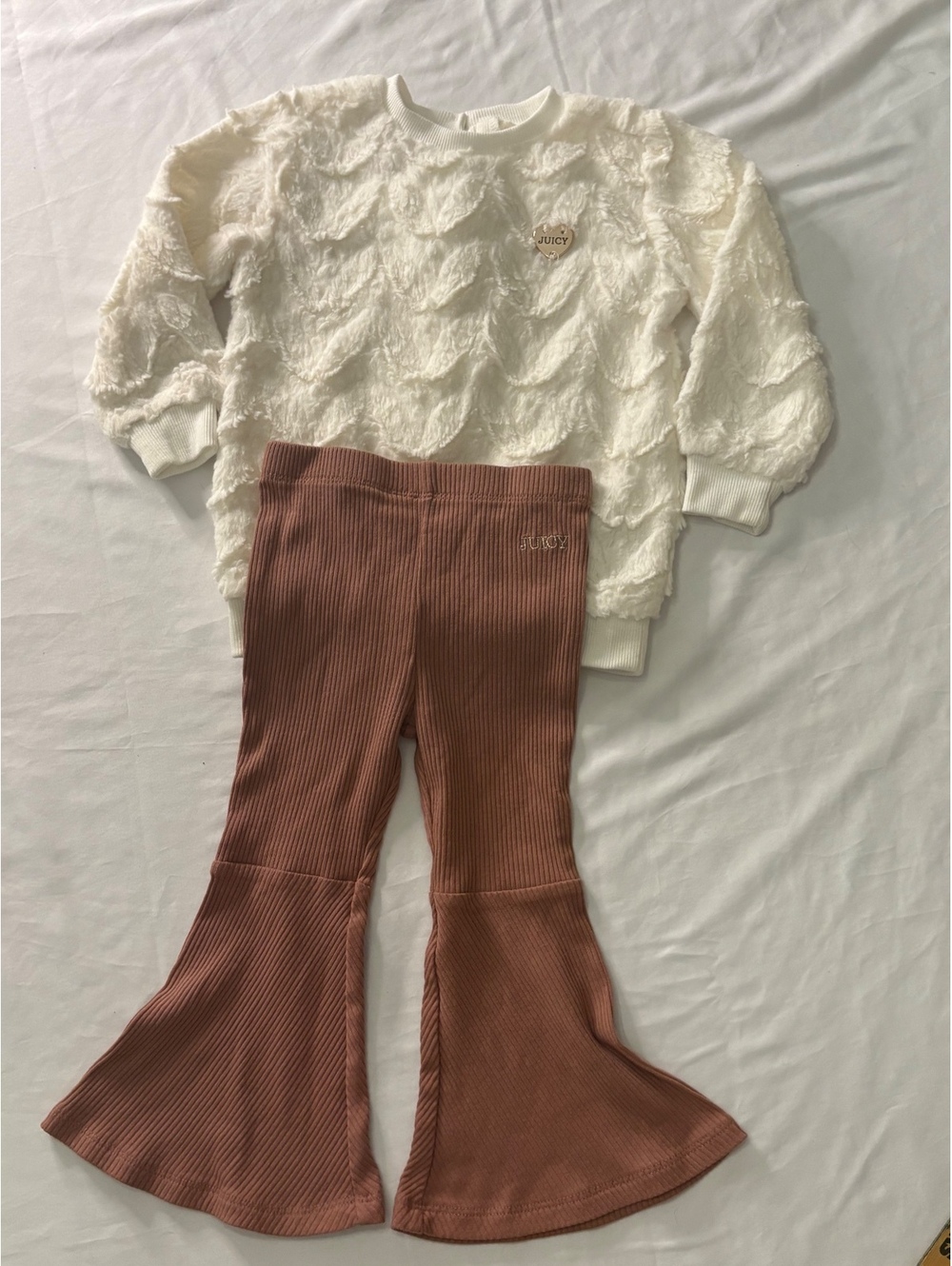 Juicy Couture Baby Girl Outfit Set - White Fuzzy Sweater & Pink Flared Pants, 24